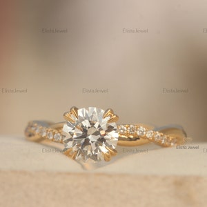 1.00CT Round Cut Lab Grown Diamond Twisted Ring, 18K Solid Yellow Gold Double Prong Set Unique CVD Diamond Ring, Wedding Proposal Ring