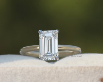 2.00CT Emerald Cut Lab Grown Solitaire Engagement Ring, Made In 10k Solid White Gold CVD Diamond Wedding Ring, Proposal Ring