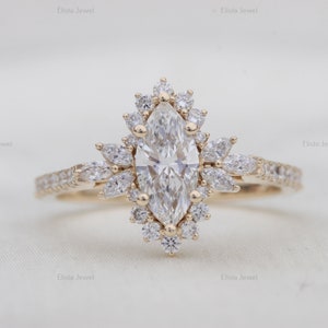 0.95 CT Marquise Cut Lab Grown Diamond Starburst Engagement Ring, 14k Solid Yellow Gold Proposal Ring, Anniversary Gift For Wife