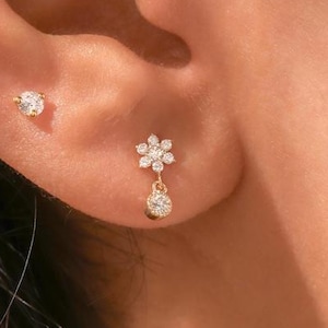 Round Cut Diamond Stud Earrings, Flower Drop Earrings, 14K Solid White Gold Dainty Diamond Women Earrings, Lab Grown Diamond Earrings
