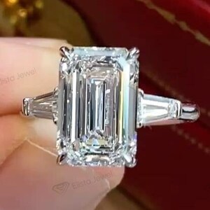 5CT Certified Emerald Cut Lab Diamond Three Stone Engagement Ring Gift For Her, Emerald Diamond Gold/Platinum Wedding Ring For Women