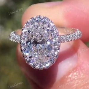 Halo Oval Lab Created Diamond 14K Solid White Gold Engagement Ring, Oval Diamond Anniversary Ring for Her, Gift for Her