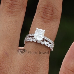 1ct strahlender Labor Diamant Akzent Solitär Ring mit Marquise Schnitt CVD Diamant Band in Platin, strahlendes CVD Ring Set Geschenk für Sie