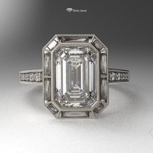 Emerald Cut Lab Grown Diamond With Baguette Halo Art Deco Ring, 18K Solid White Gold Milgrain Bezel Wedding Ring, Anniversary Gift Ring