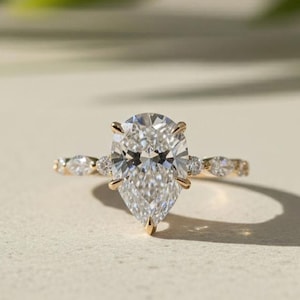 2.00CT Pear Cut Lab Grown Diamond Engagement Ring, Marquise Pave Design in 14K Solid Gold, Certified CVD Diamond Wedding Ring