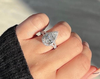 3CT Pear Cut Lab Created Diamond Engagement Ring With Halo/Pear Lab Grown Diamond Halo Engagement Ring/Diamond Wedding Ring For her