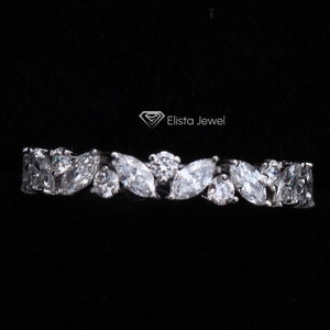 Marquise and Round Lab Grown Diamond Wedding Band, Vintage White Gold Wedding Band For Women, Matching Band, Bridal Band, Gift For Her