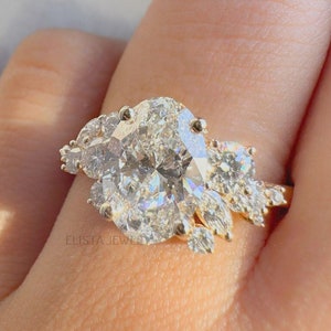 Certified Oval Lab Diamond Cluster Engagement Ring Made In 14K Solid Yellow Gold Gift For Her, Cluster Diamonds Wedding/Bridal Ring