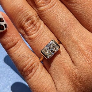 3.00CT Radiant Cut Diamond East West Half Bezel Set Solitaire Engagement Ring, 14K Solid Yellow Gold Lab Grown Diamond Proposal Ring For Her