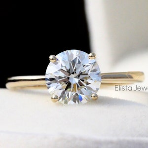 1.57 Carat Round Lab Created Diamond 14K Yellow Gold Solitaire Engagement Ring, Four Prong Round Cut Promise Solitaire Ring for Her