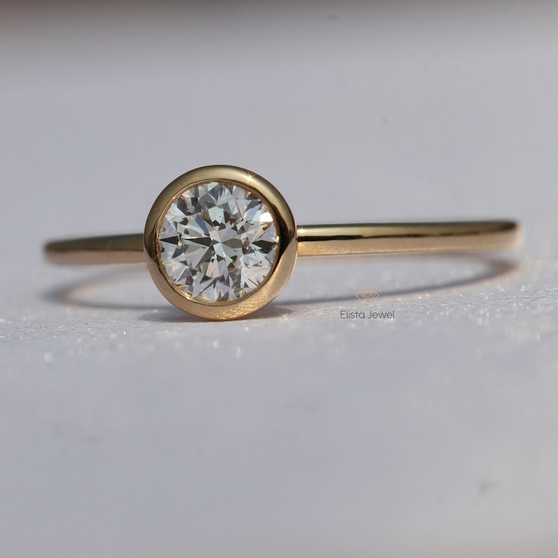 Round Cut Lab Grown Diamond Engagement Ring: 14k Yellow Gold Bezel Solitaire
