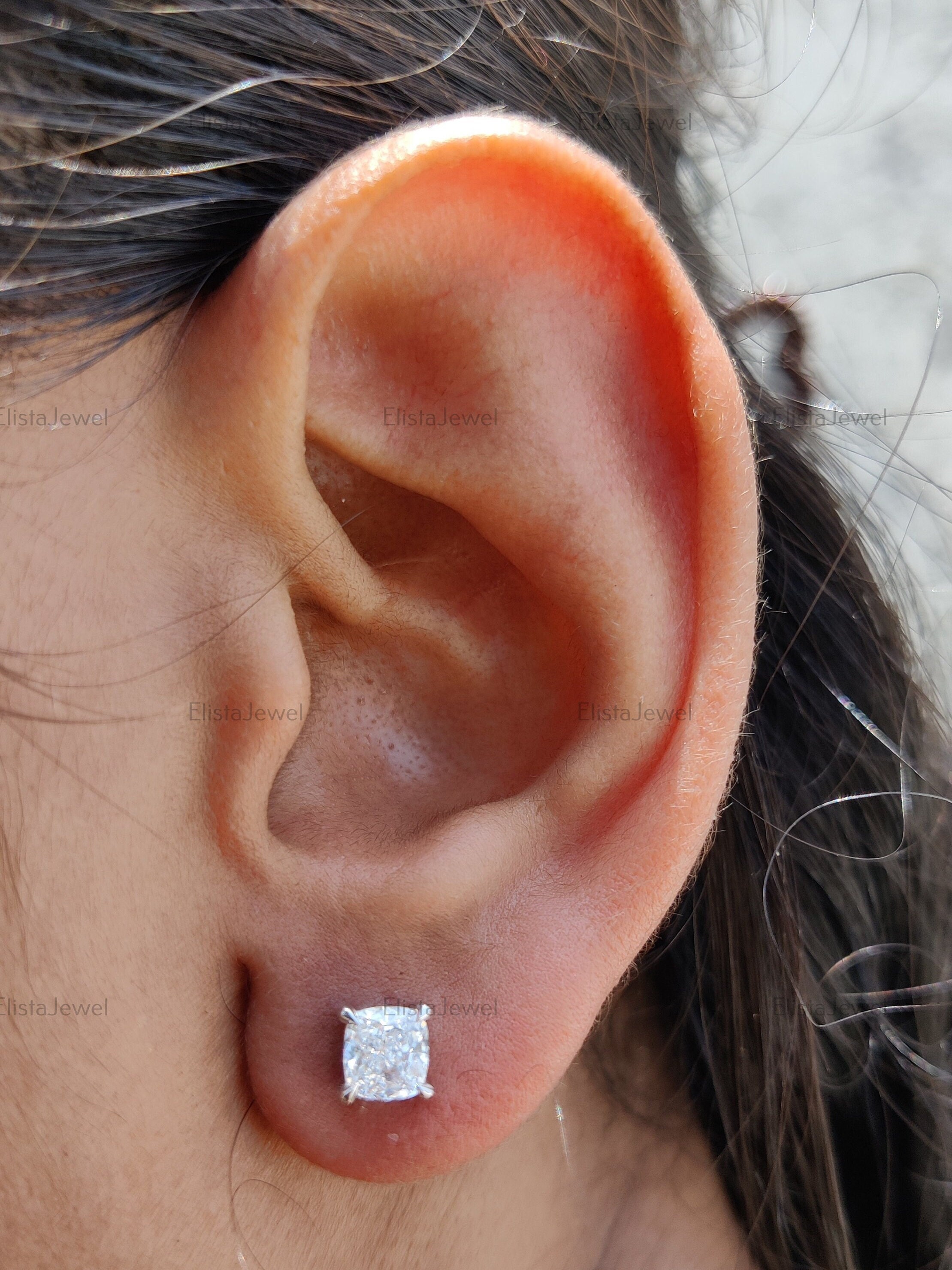 Cushion-cut Lab Grown Diamond Stud Earrings, 18K Solid White Gold Four Prong Women's Screwback Earrings, CVD Diamond Earrings Gift For Her