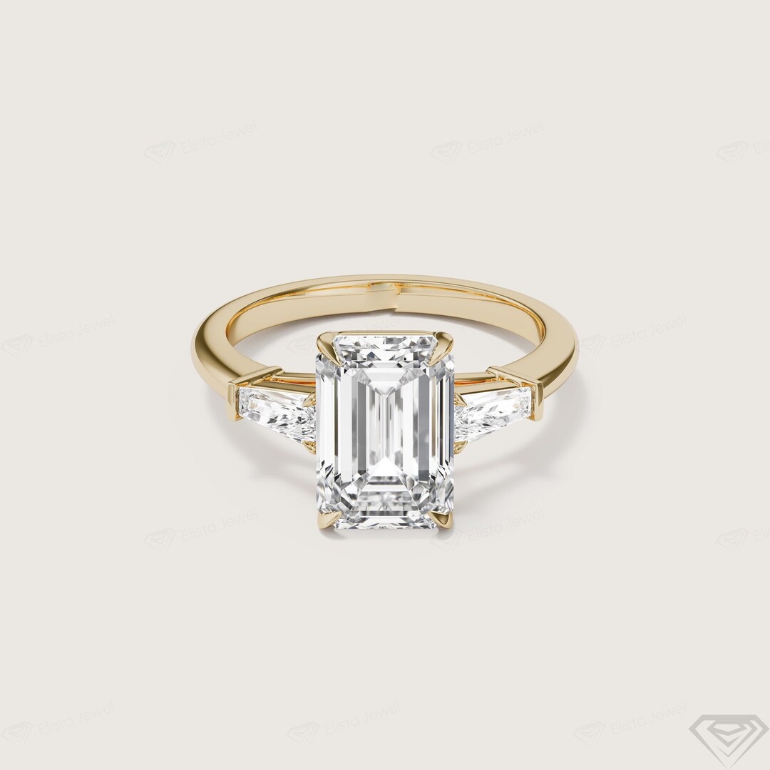 Three Stone Emerald Cut Certified Lab Diamond Engagement Ring Gift for ...