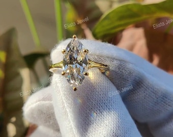 Anillo solitario de diamantes cultivados en laboratorio con corte marquesa - Anillo de bodas de platino