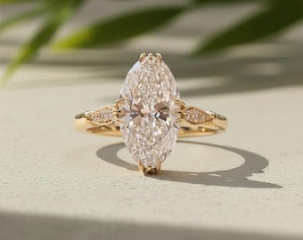 Marquise Diamond Leaf Ring Lab-Grown Engagement 14K Gold Pavé Accents