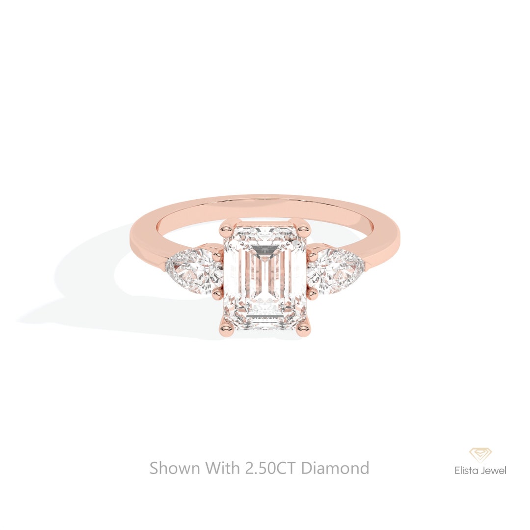 Emerald Cut Lab Diamond Three Stone 14K Rose Gold Engagement Ring