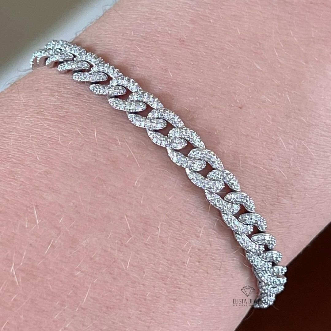 Lab Grown Diamond Cuban Link Bracelet: 14K White Gold Unisex Chain