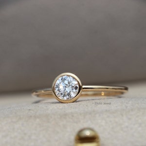 Round Cut Lab Grown Diamond Engagement Ring: 14k Yellow Gold Bezel Solitaire