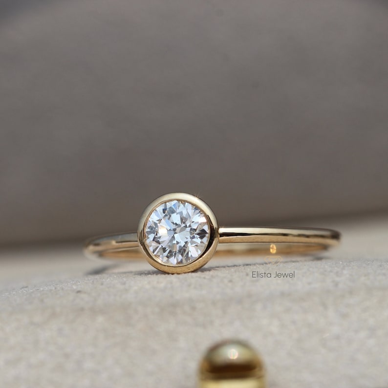 Round Cut Lab Grown Diamond Engagement Ring: 14k Yellow Gold Bezel Solitaire