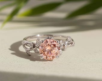 Fancy Pink Lab Grown Diamond Engagement Ring, White Gold Leaf Vine Band