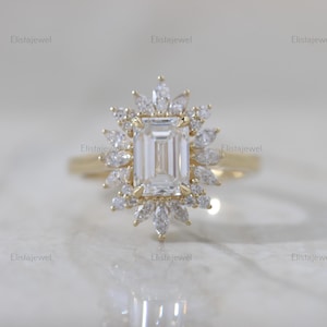 1.50 CT Emerald Cut Lab-Grown Diamond Art Deco Ring, 14K Solid Yellow Gold Unique Women Ring, HPHT Diamond Engagement Ring, Gift For Mother