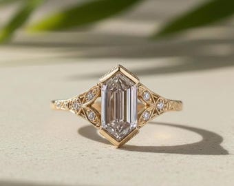 Elongated Hexagon Cut Lab-Grown Diamond Engagement Ring, Yellow Gold Art Deco Style