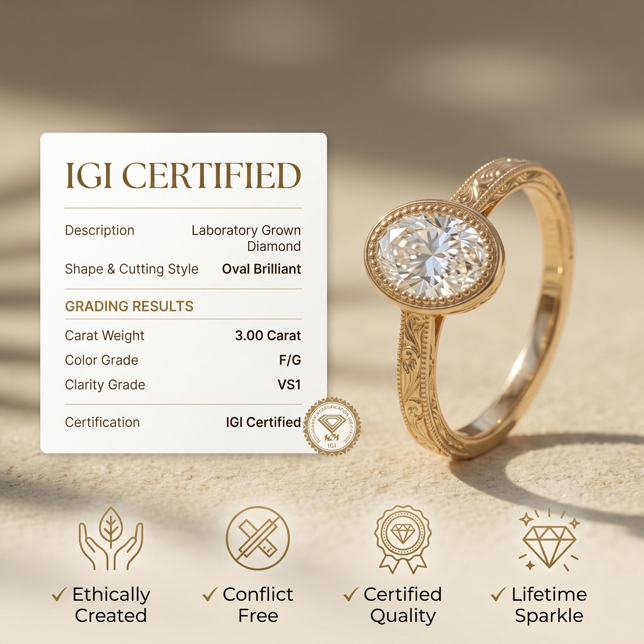 Oval Lab Diamond Ring, 18K Yellow Gold Engraved Floral Band, IGI
