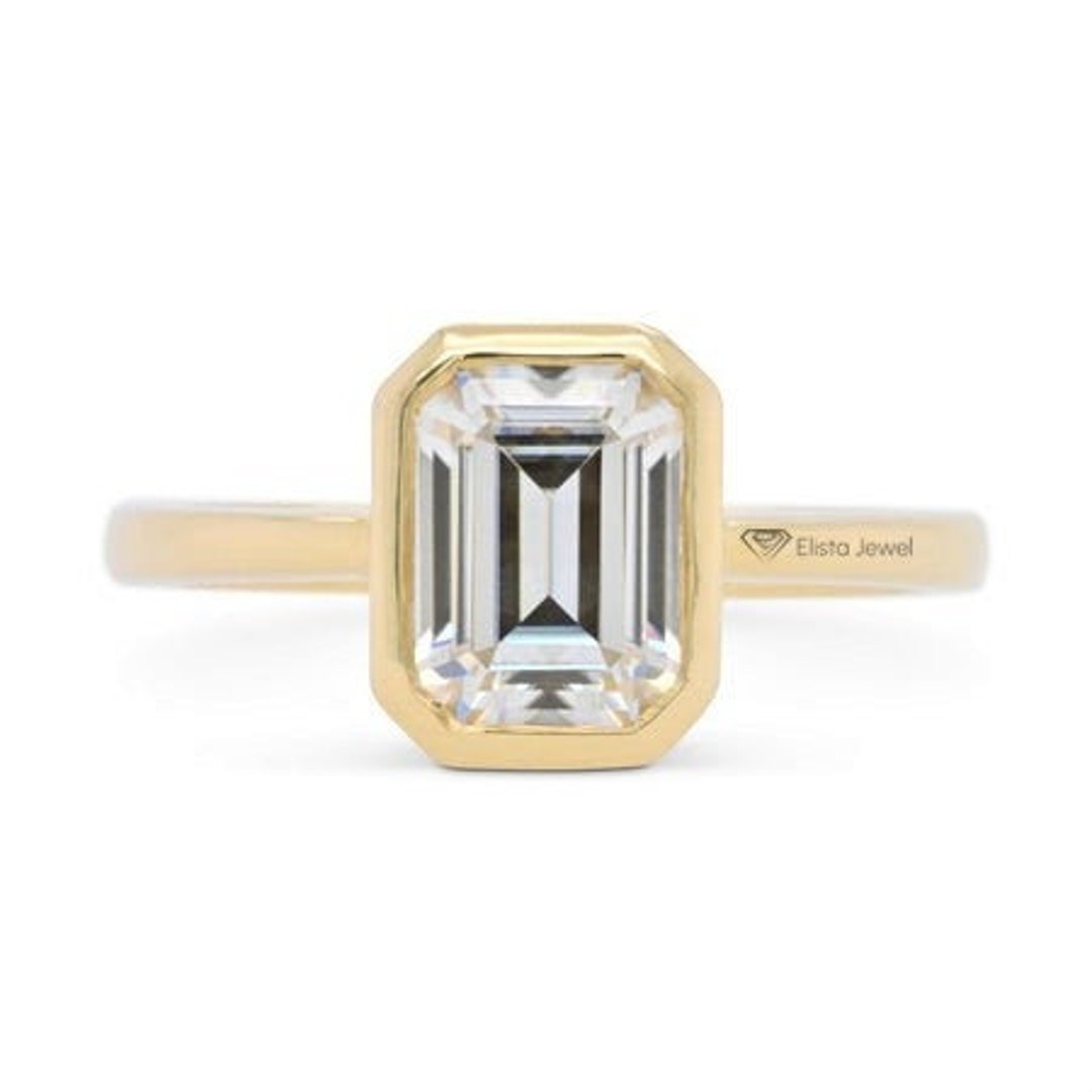 Solitaire Full Bezel Emerald Cut Lab Grown Diamond in 18K - Etsy