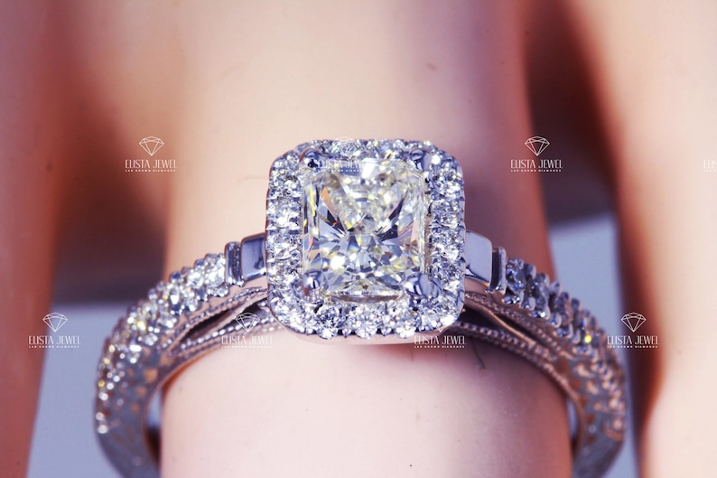 Radiant Cut Ring Lab Grown Diamond Engagement 14K Yellow Gold Halo Wedding Ring