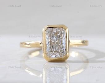 2.00 CT Radiant Cut Lab Created Diamond Solitaire Bezel Set Engagement Ring, 10K Solid Yellow Gold CVD Diamond Anniversary Ring For Her