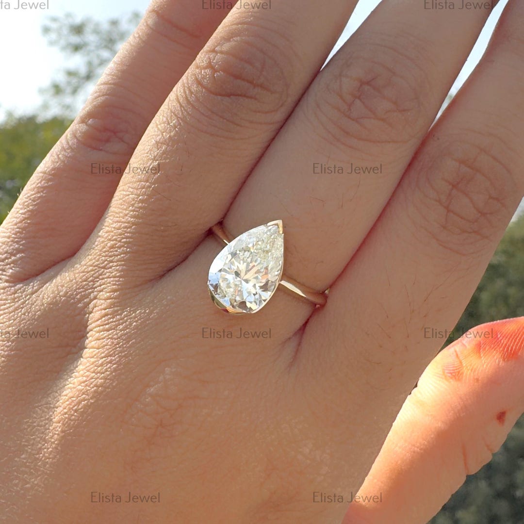 Pear Cut Diamond Ring 2.88 CT Lab Grown 10K Yellow Gold Half Bezel ...