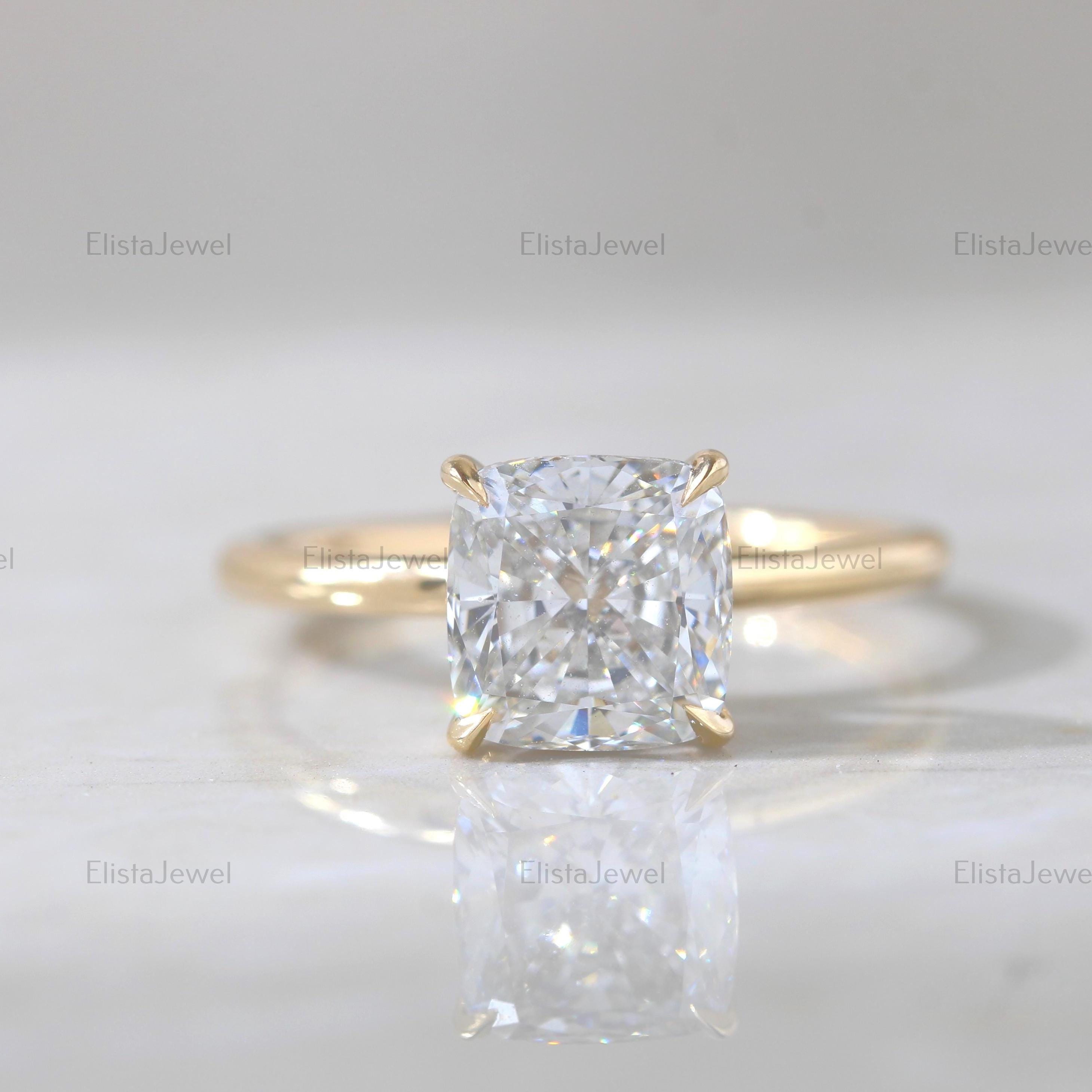 Cushion Cut Lab Created Diamond Solitaire Wedding Ring, 14K Solid Yellow Gold CVD Diamond Ring, Jewelry Ring For Women, Anniversary Gift