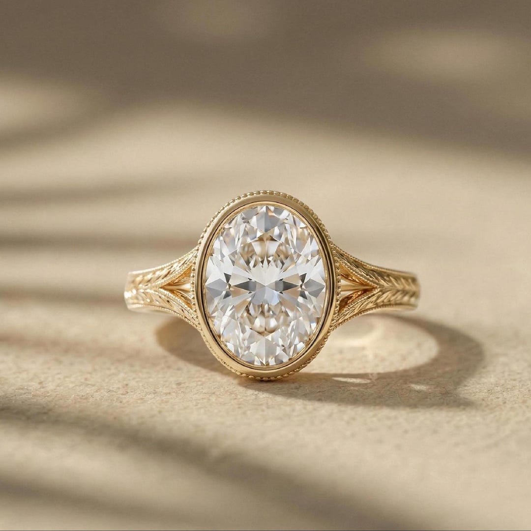 Oval Lab Grown Diamond Bezel Ring, 14K Yellow Gold Vintage Leaf Band - Etsy