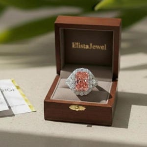 Pink Radiant Lab Diamond Halo Ring, 14K White Gold Art Deco