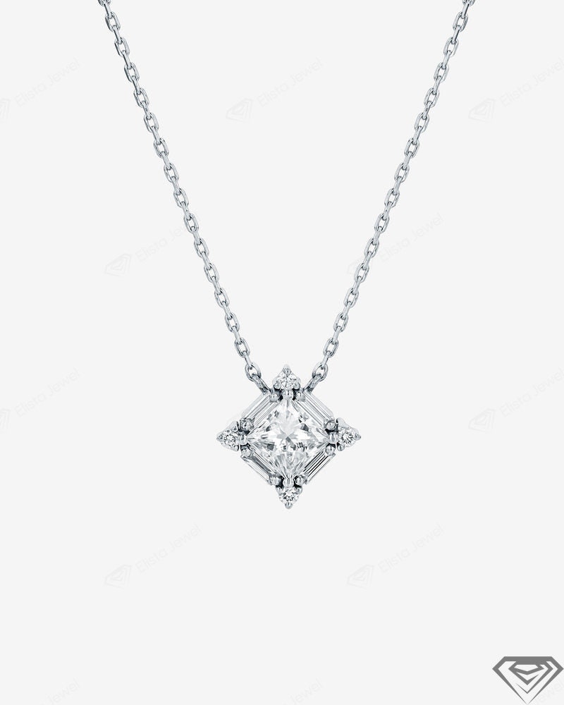 Princess Cut Double Halo Design Diamond Pendant with Necklace in 18k White  Gold | Everyday Jewelry