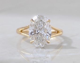 Oval Diamond Ring 4.31 CT Lab Grown Engagement 18K Yellow Gold Split Shank