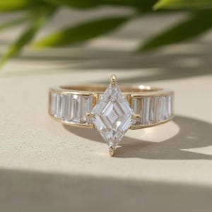 Lozenge Lab Grown Diamond Engagement Ring: 14K Yellow Gold Baguette Accents