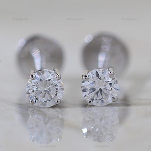 Round Cut Lab Created Diamond Stud Earrings, 14K Solid White Gold One Diamond Earrings, Dainty Women Earrings, Wedding Gift For Earrings