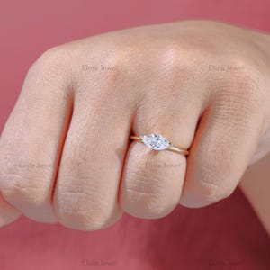 East West Marquise Cut IGI Certified Diamond Half Bezel Ring, 14K Solid Yellow Gold Solitaire Ring, Dantiy Proposal Diamond Ring For Her