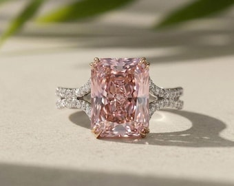 Lab Diamond Ring Radiant Pink Split Shank Two-Tone Engagement