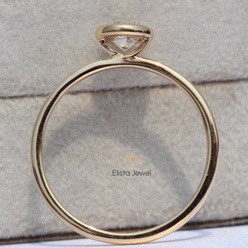 Round Cut Lab Grown Diamond Engagement Ring: 14k Yellow Gold Bezel Solitaire