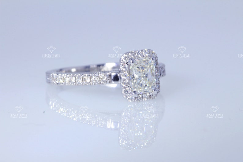 Radiant Cut Ring Lab Grown Diamond Engagement 14K Yellow Gold Halo Wedding Ring