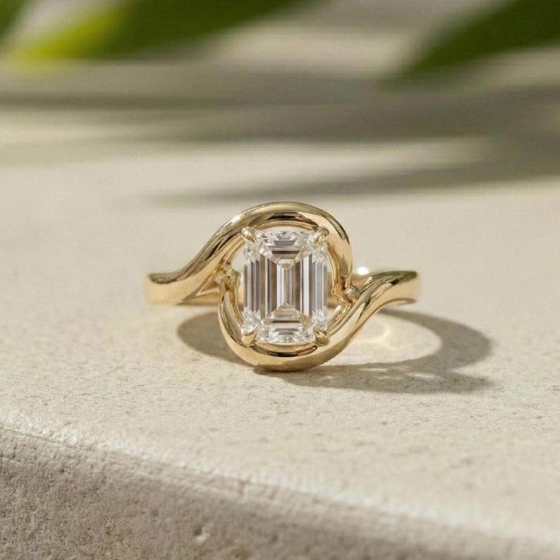 Emerald Diamond Ring Lab-Grown Cut, 18K Yellow Gold Bypass Solitaire