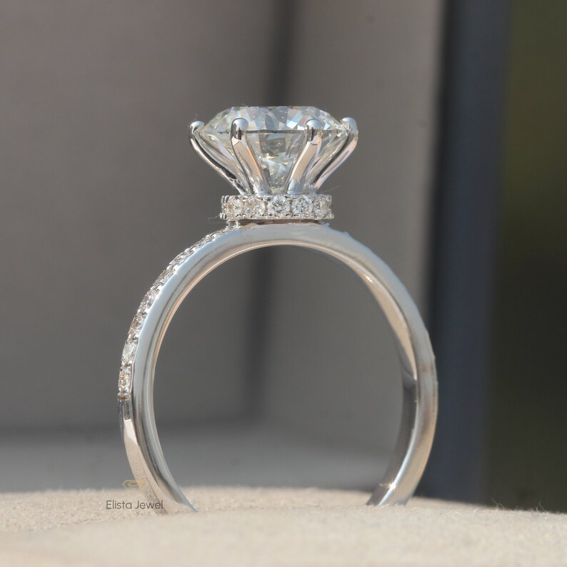 2.45CT Round Lab Diamond Engagement Ring: 18k White Gold Pave Collar Halo