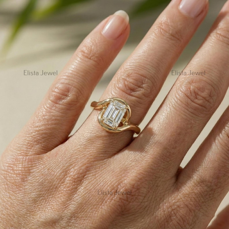Emerald Diamond Ring Lab-Grown Cut, 18K Yellow Gold Bypass Solitaire