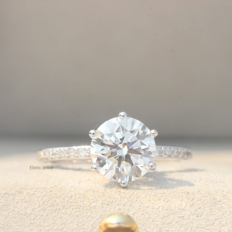 2.45CT Round Lab Diamond Engagement Ring: 18k White Gold Pave Collar Halo