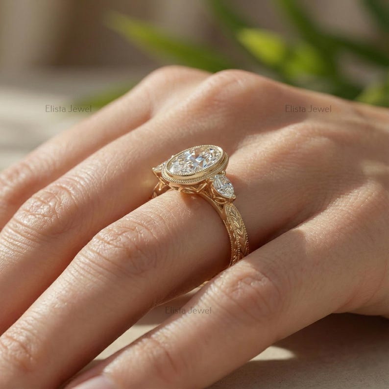 Oval Diamond Ring Lab-Grown Three-Stone Engagement 14K Yellow Gold Bezel With Pear Accents