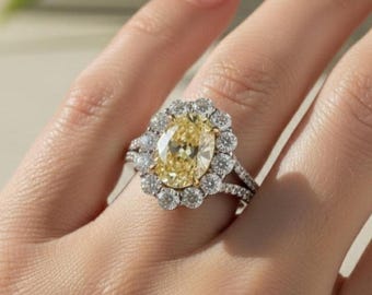 Yellow Diamond Ring Oval Lab-Grown Vivid Halo Engagement 950 Platinum