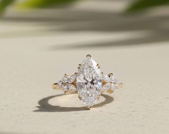 Marquise Diamond Floral Ring Lab-Grown Engagement 14K Yellow Gold