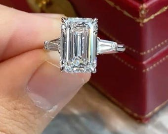 5CT Emerald Cut Lab Diamond Engagement Ring: Three Stone 10k Gold Wedding Ring